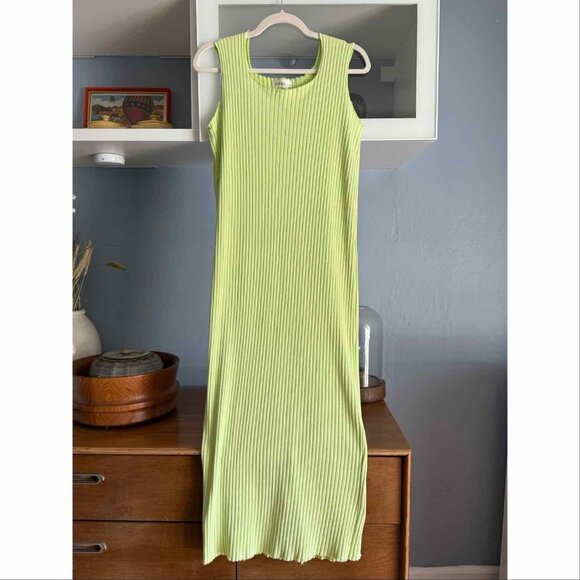 Noblu Ribbed Knit Lime Green Maxi Dress Lagenlook Minimalist Size S/M - Picture 1 of 5